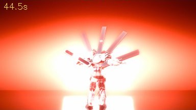 红魔 v4 的 44.5 秒：整个画面是一片橙红到发白的光，中间的机甲和五片翅膀几乎被光吞掉，地板上有一块白色的长方形亮斑。
