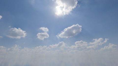 AgX，曝光 −1 档：蓝天白云，太阳周围亮但云有层次。